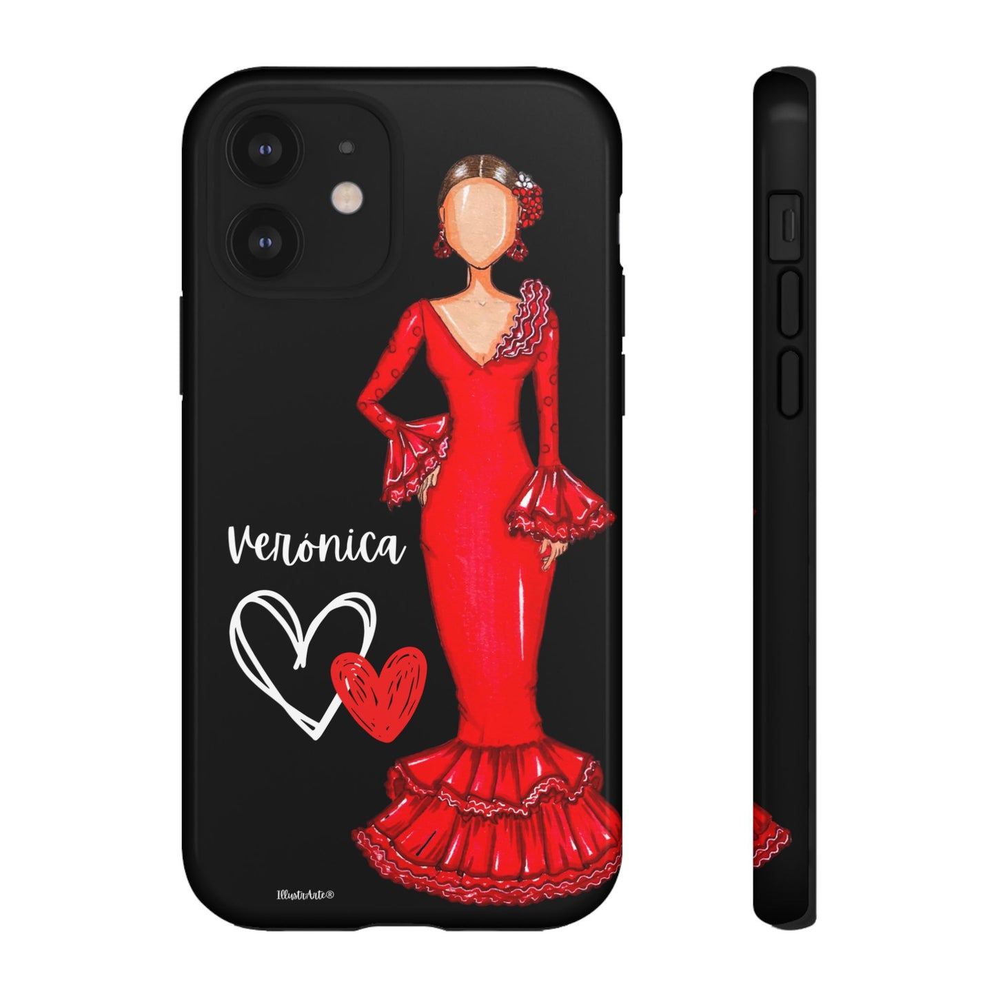 una funda de teléfono con una imagen de una mujer con un vestido rojo