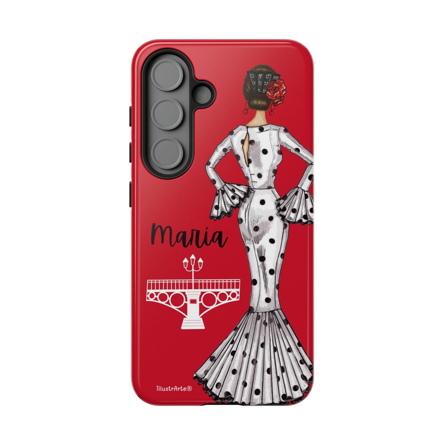 Funda de teléfono personalizable con diseño de flamenca María, ideal para usuarios de iPhone.