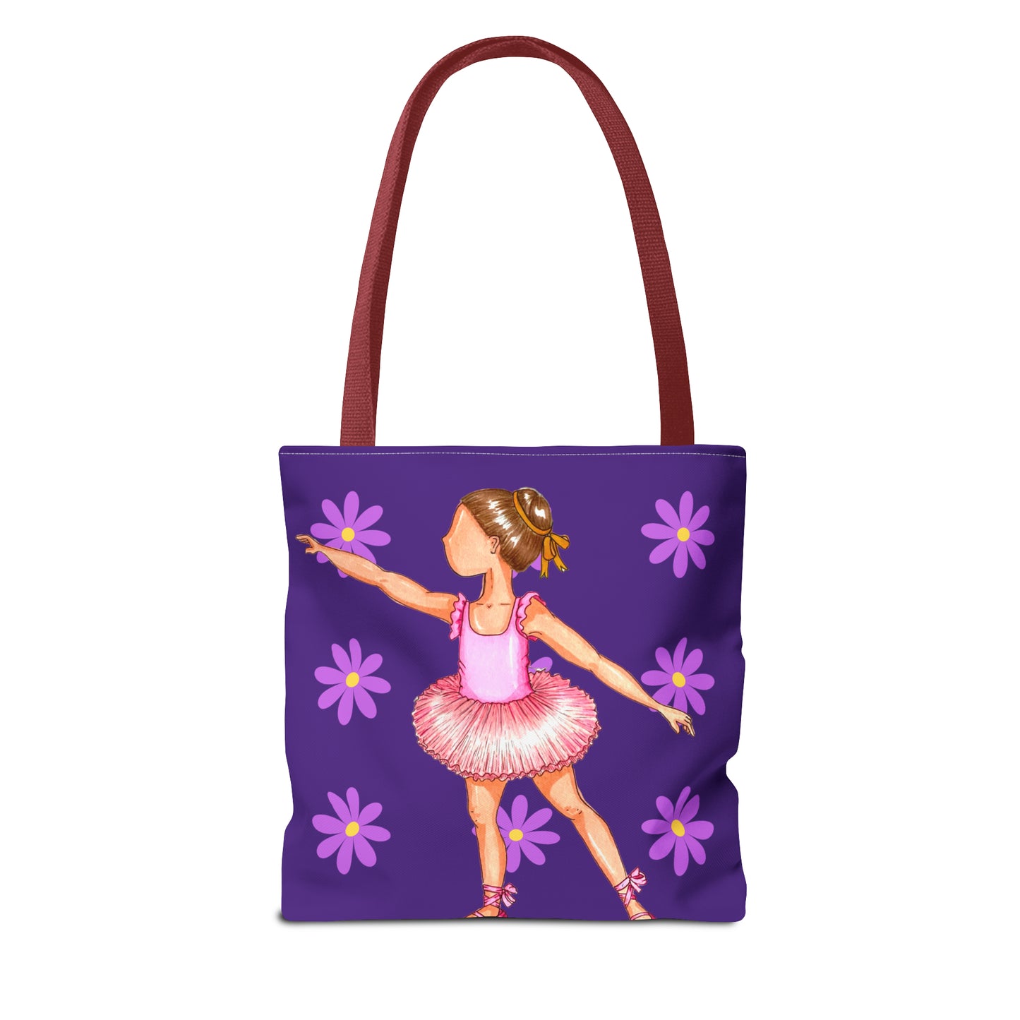 a purple bag with a little girl in a pink dress