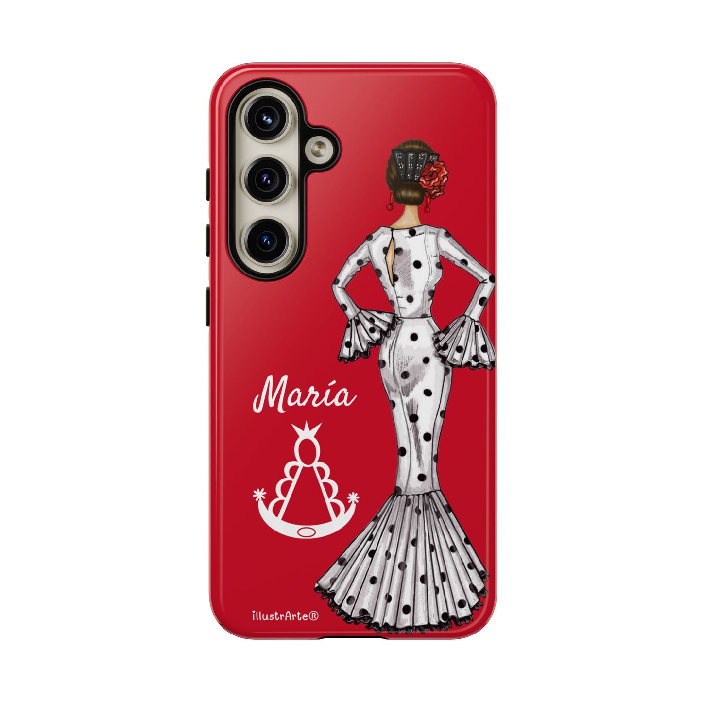 Capa de telefone personalizável com nome/bandeira/Virgem - modelo White Mary com Virgen del Rocío para iPhone, Samsung e Google Pixel