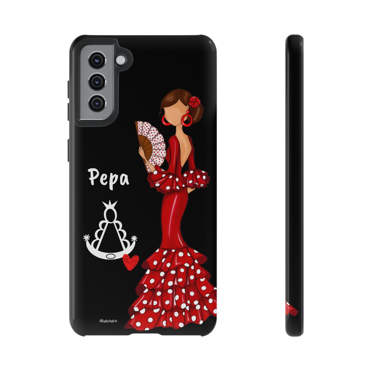Personalized Pepa phone case on a black background with the Virgin Mary – for iPhone, Samsung, Pixel