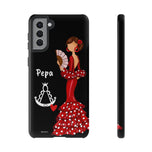 Personalised phone case flamenco dancer Pepa, with a little Virgin Mary for Samsung Galaxy S21 Plus, gloss finish – illustrArte