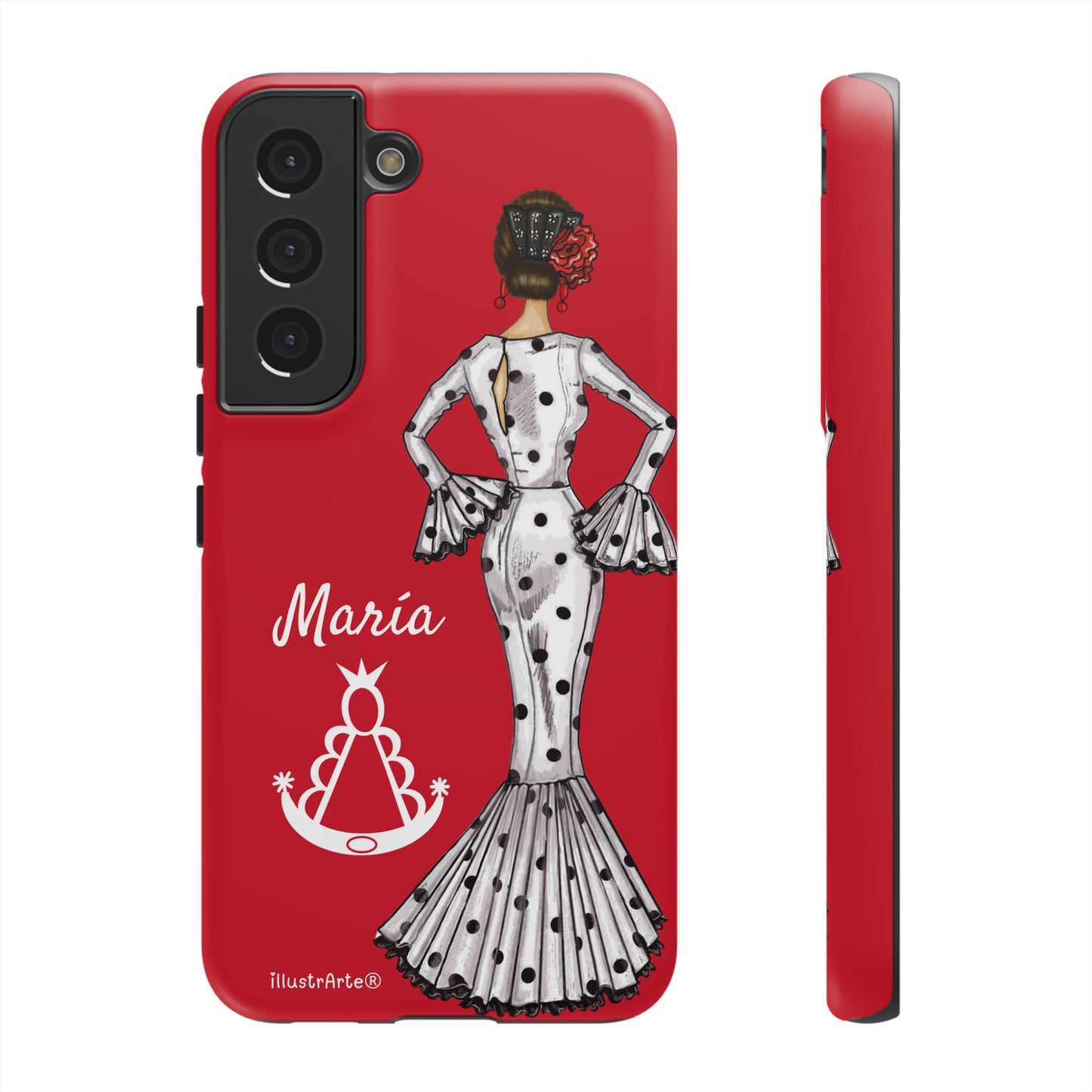 Capa de telefone personalizável com nome/bandeira/Virgem - modelo White Mary com Virgen del Rocío para iPhone, Samsung e Google Pixel