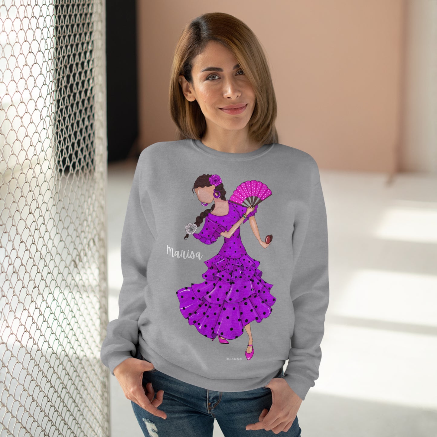 Customizable Sweatshirt - Flamenco Marisa, black background. 