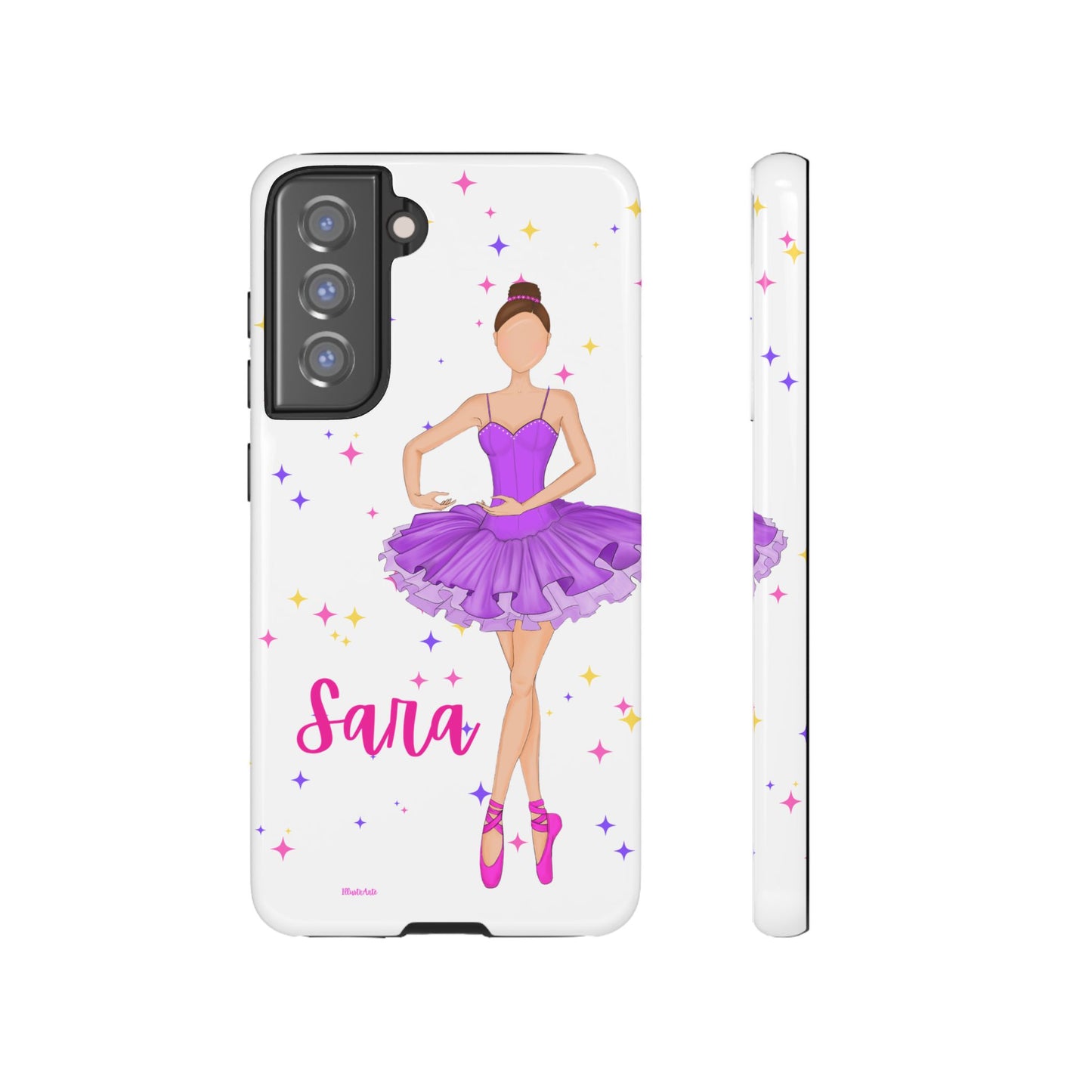 una funda de teléfono con una bailarina púrpura en ella