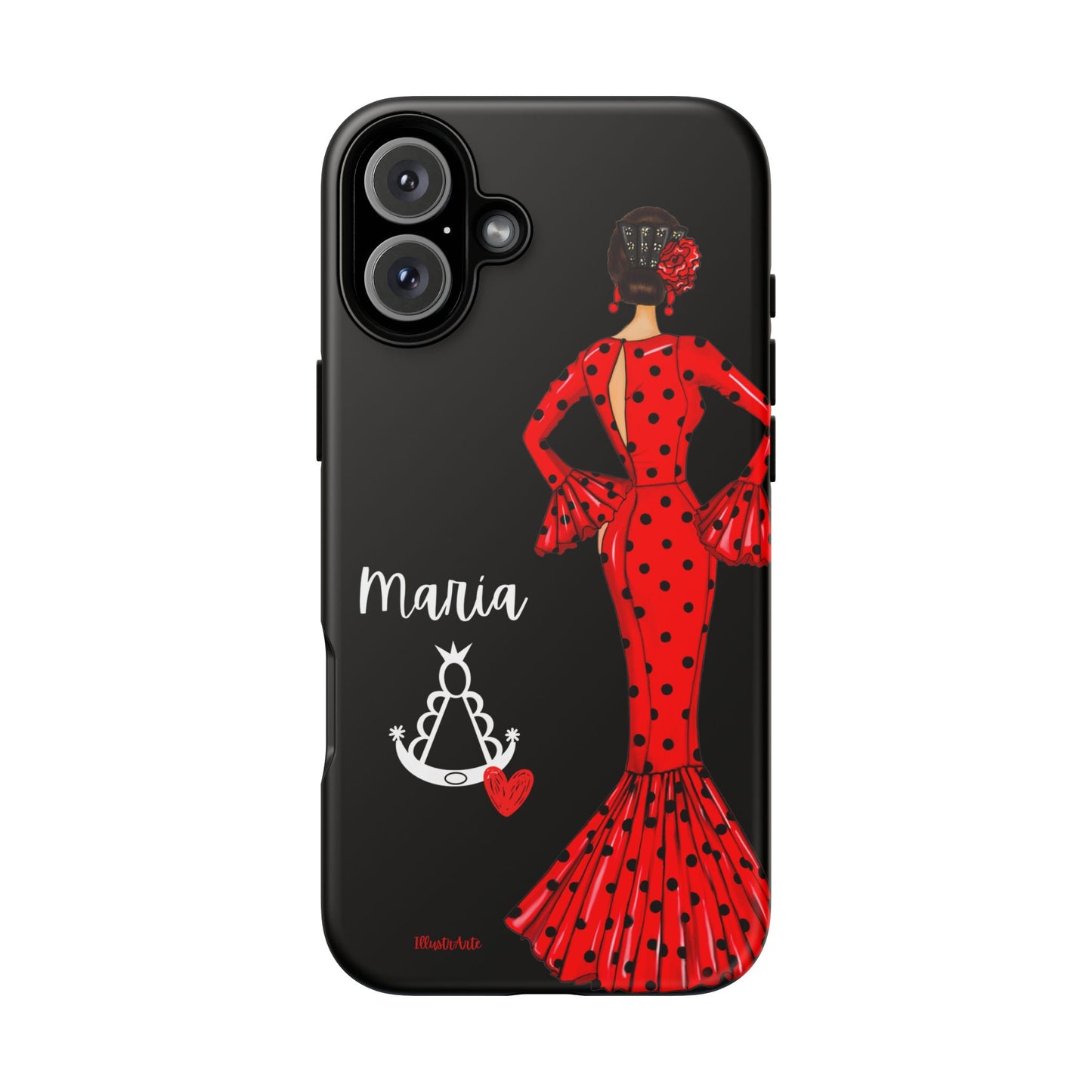 una funda de teléfono con una mujer en un vestido rojo