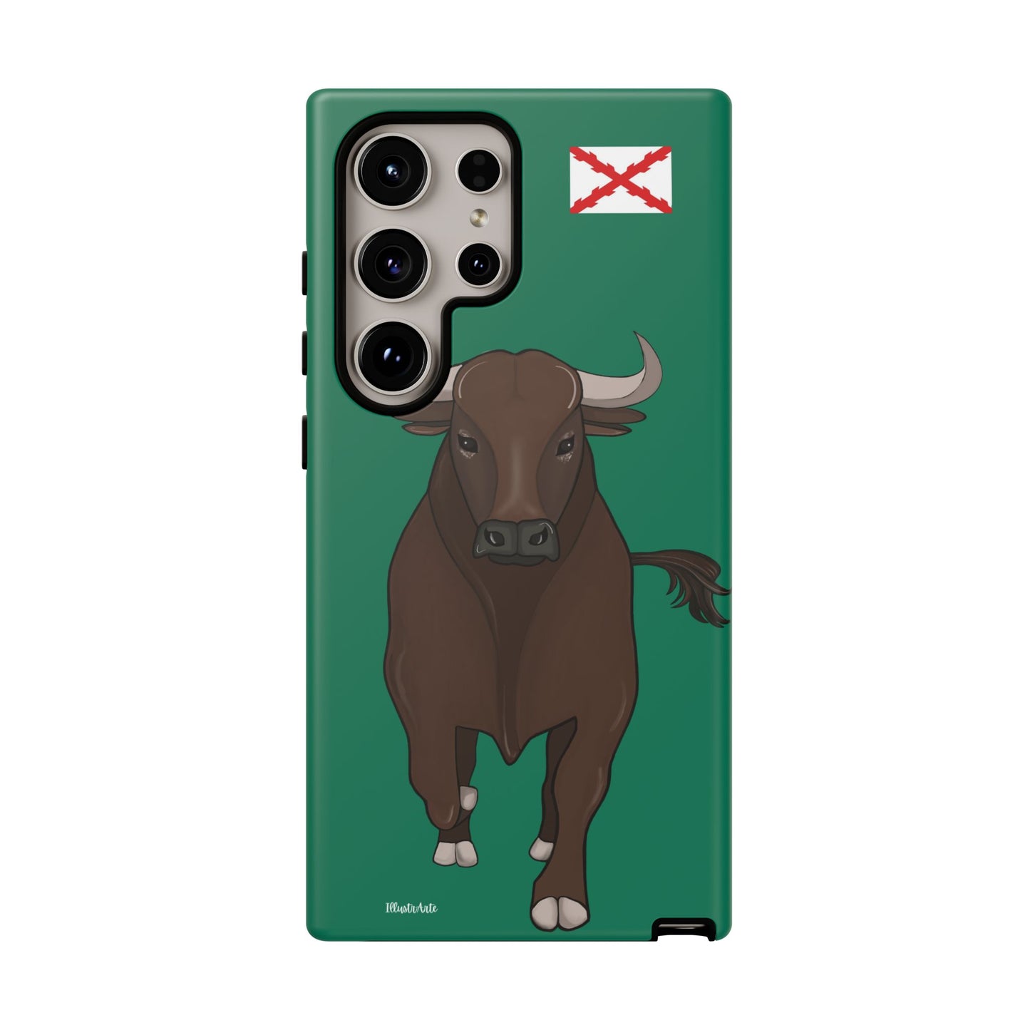 una funda de teléfono con una imagen de un toro en ella