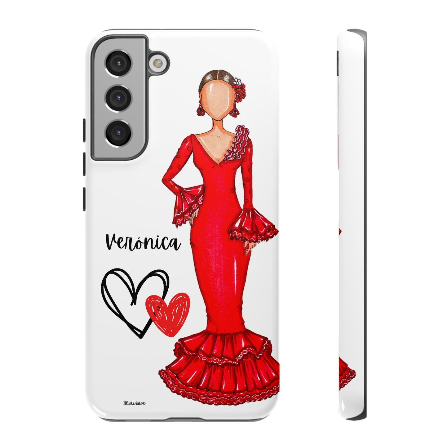 una funda de teléfono con un dibujo de una mujer en un vestido rojo