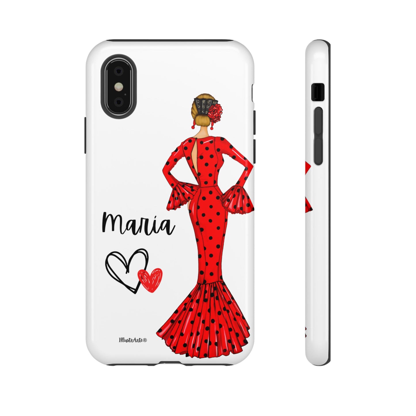 una funda de teléfono con una mujer en un vestido rojo