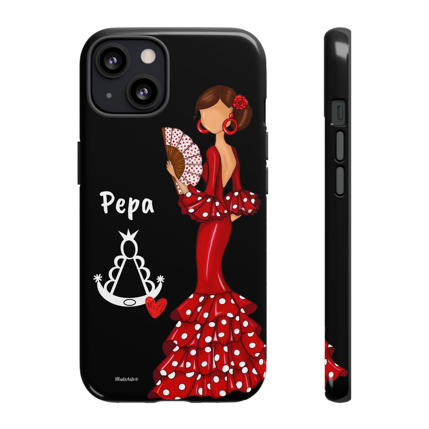 Personalized Pepa phone case on a black background with the Virgin Mary – for iPhone, Samsung, Pixel