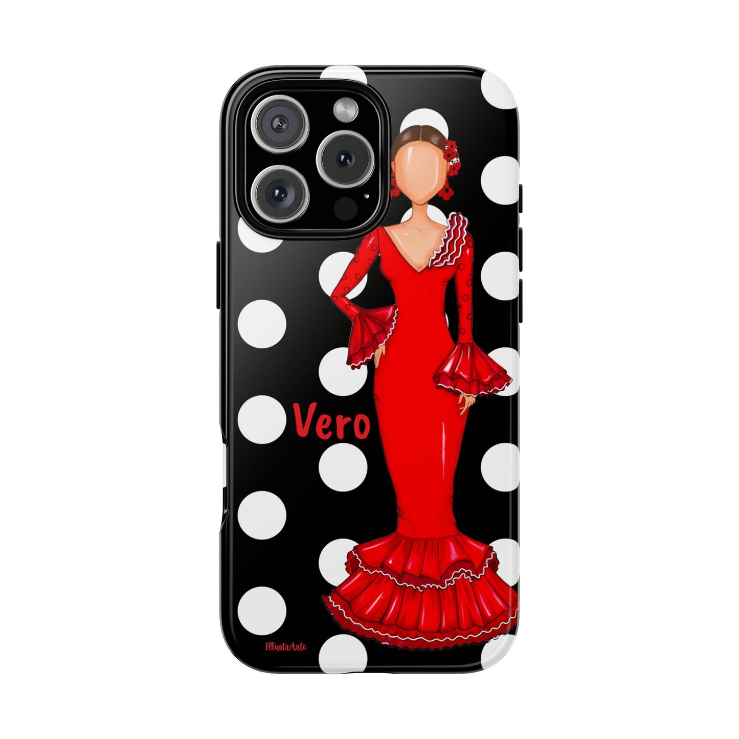 una funda para teléfono con una mujer en un vestido rojo