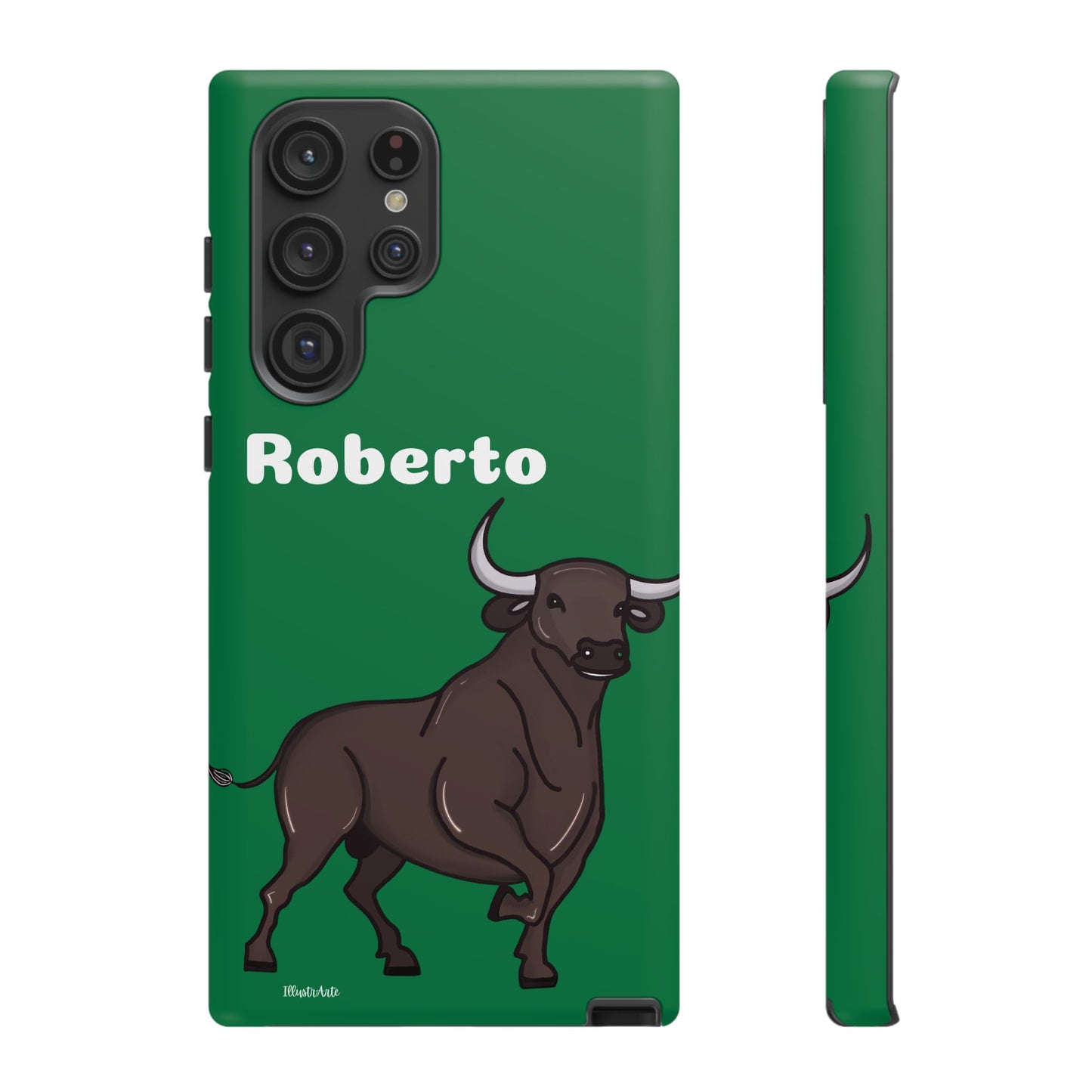 una funda de teléfono verde con un toro en ella