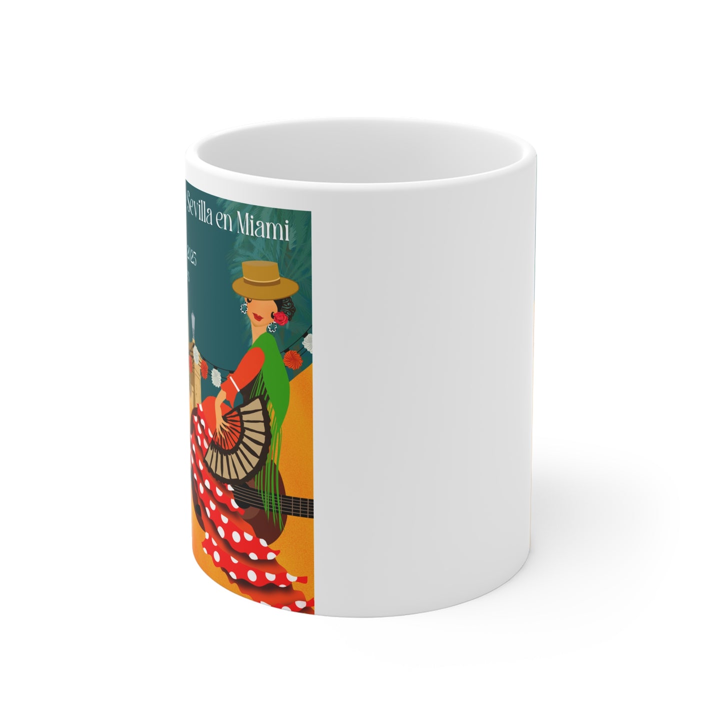 una taza de café blanca con una imagen de una mujer bailando