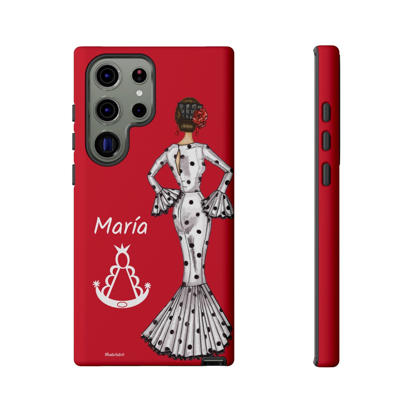 una funda de teléfono roja con una imagen de una mujer en un vestido