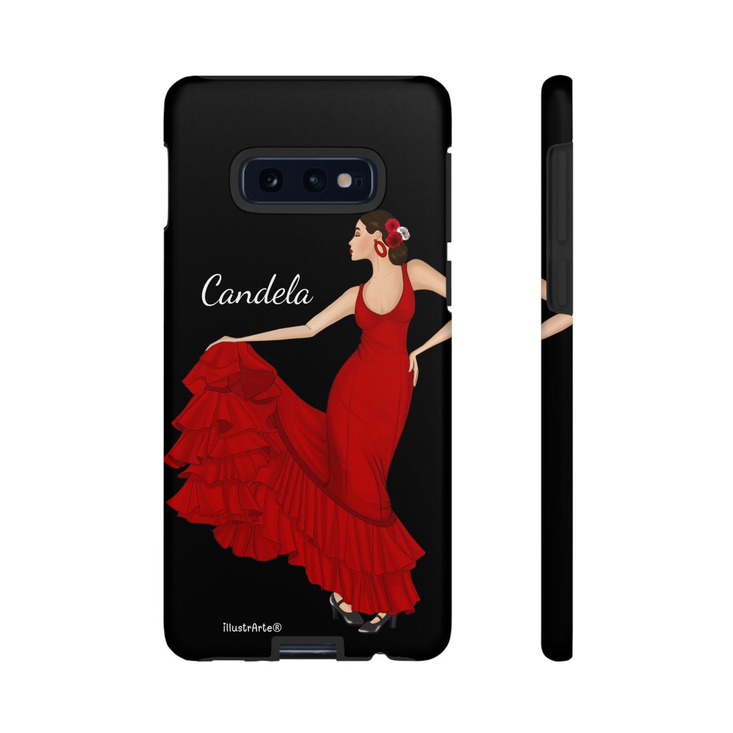Capa de telefone personalizável. Modelo Candela com fundo preto. Para iPhone, Samsung Galaxy S e Google Pixel. 