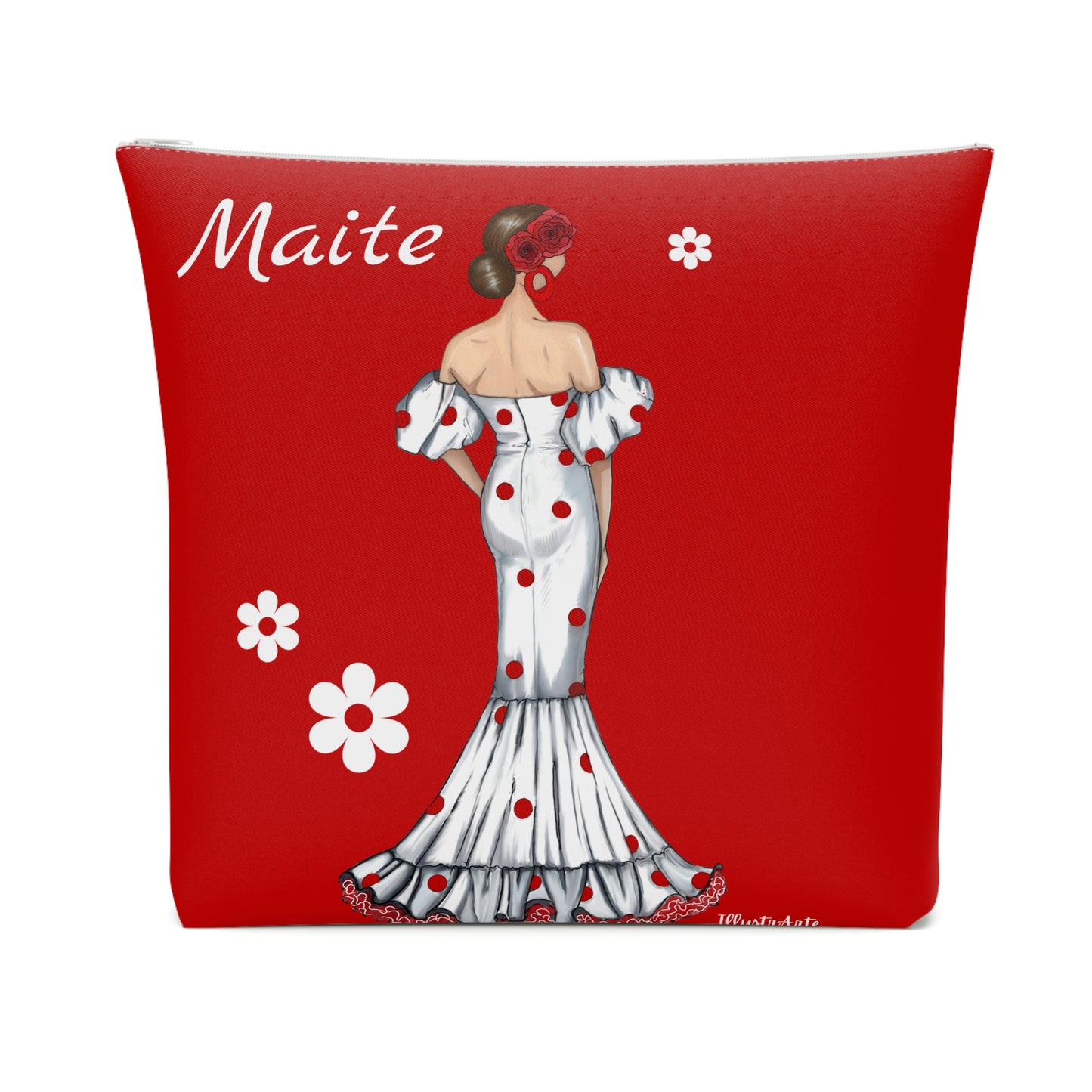 a red pillow with a picture of a woman in a dress