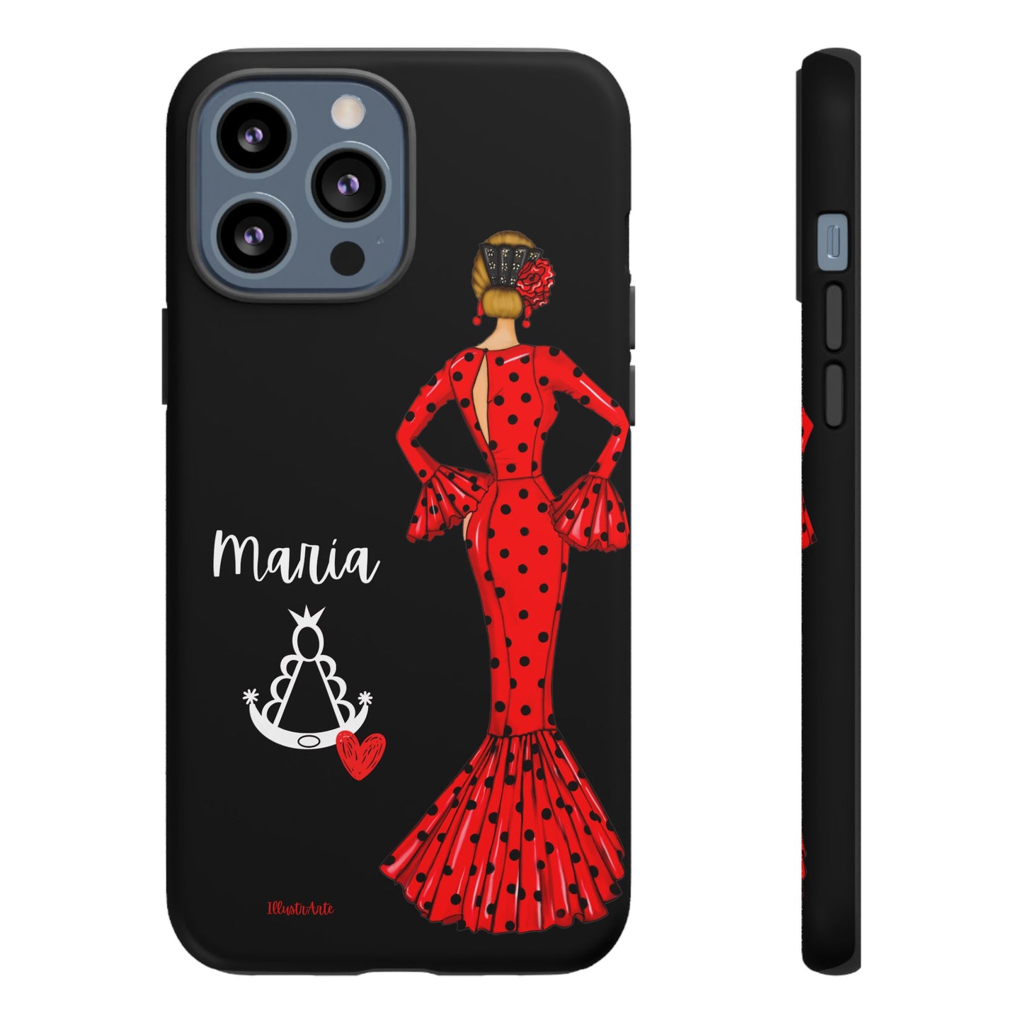 una funda de teléfono con una mujer en un vestido rojo