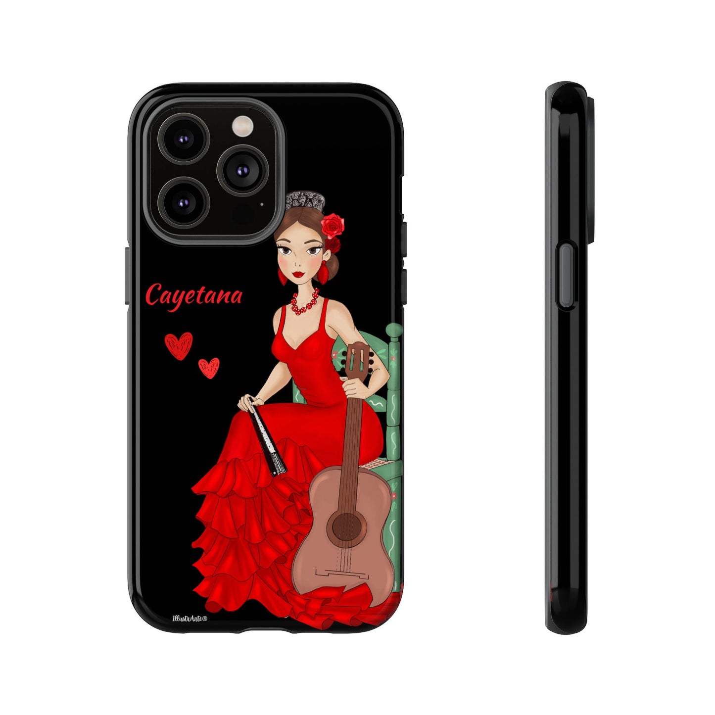 una funda de teléfono con una mujer en un vestido rojo sosteniendo una guitarra