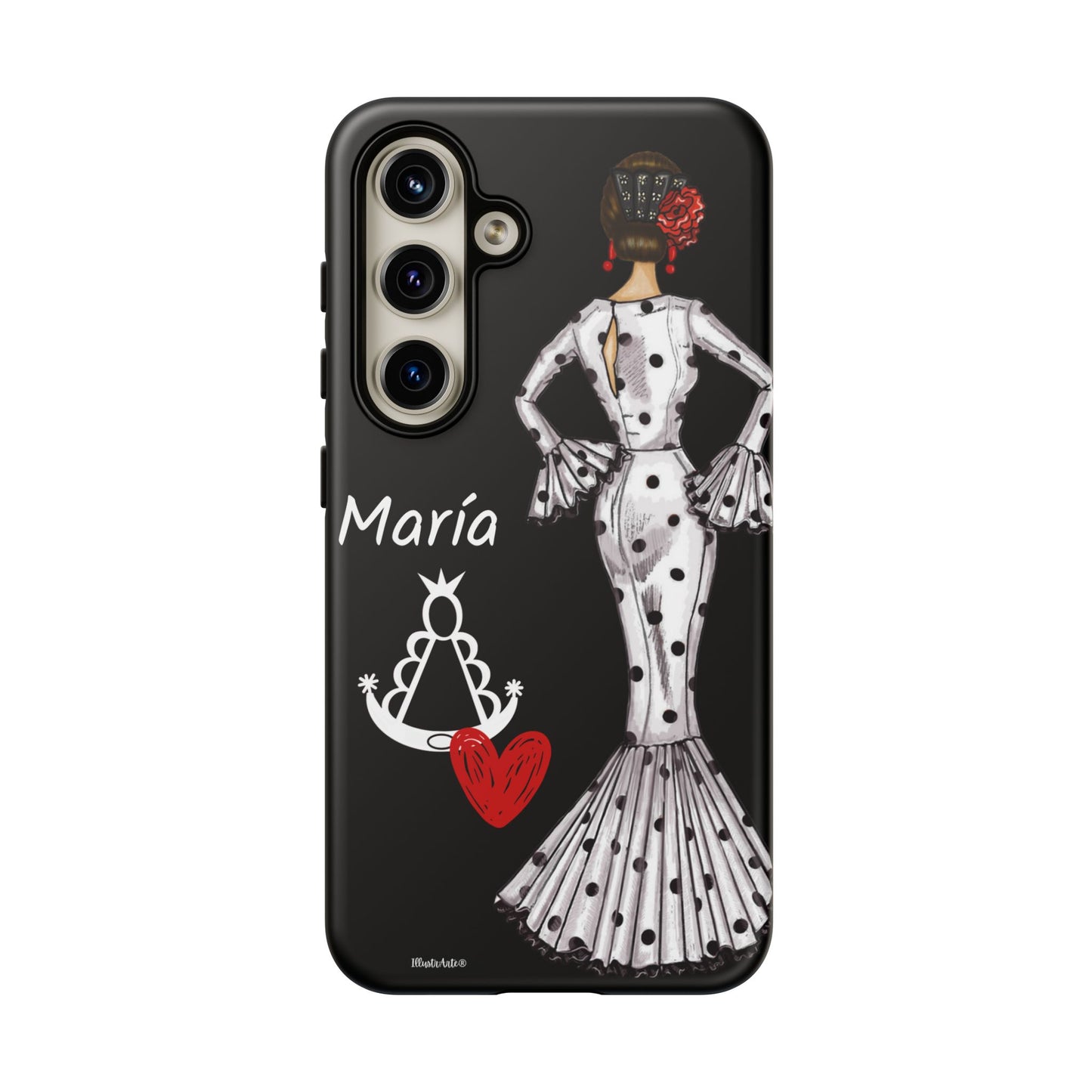 una funda de teléfono en blanco y negro con una mujer en un vestido de lunares