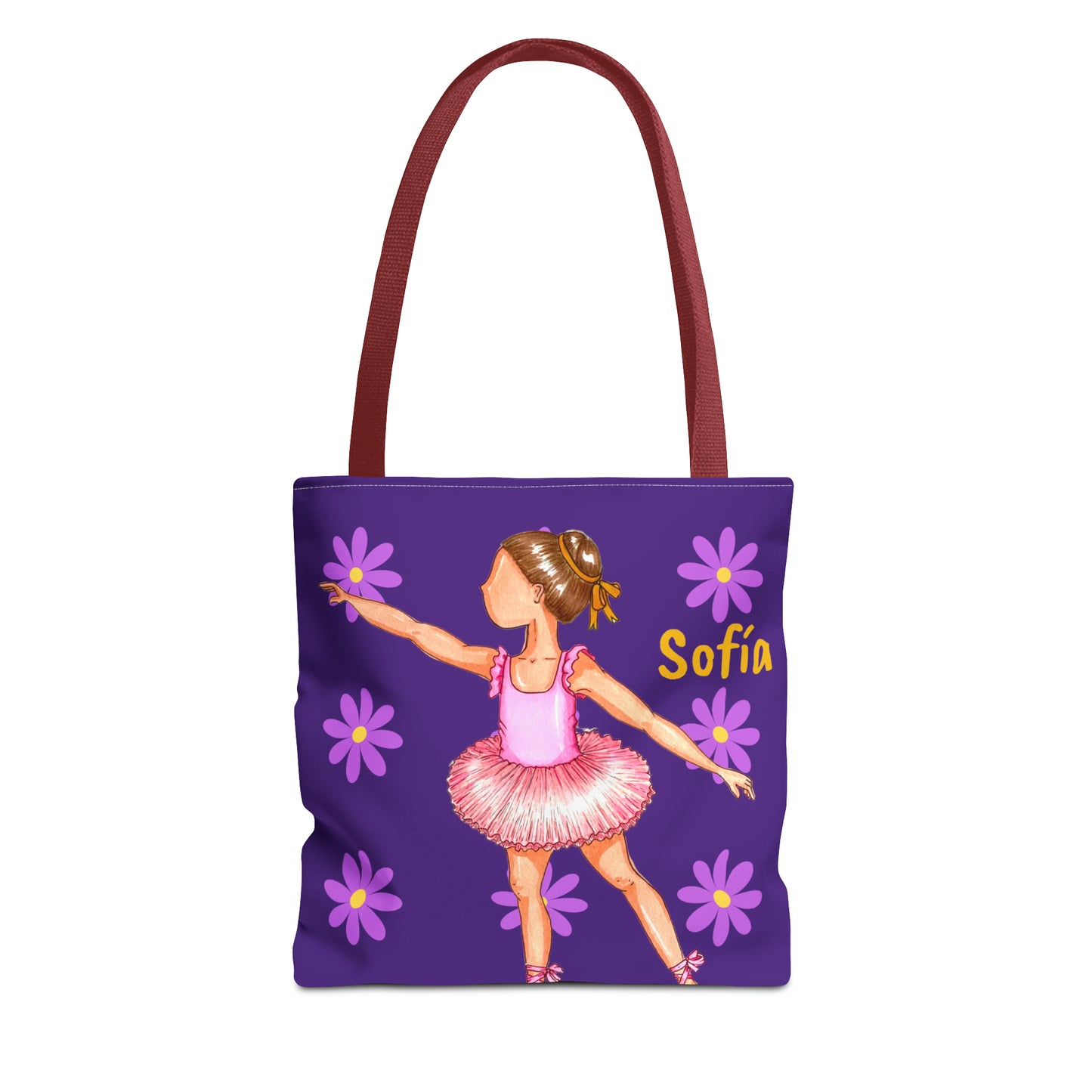 a purple tote bag with a picture of a little girl in a pink dress