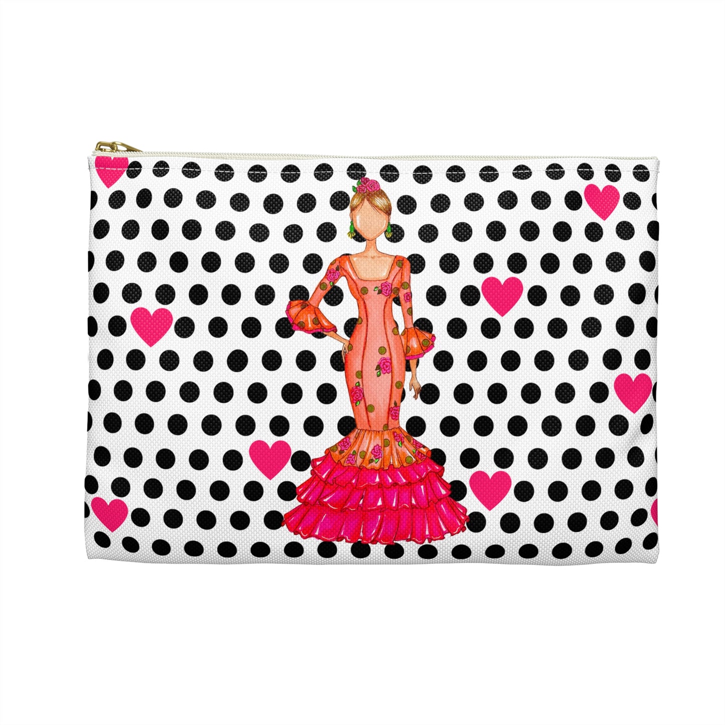 a polka dot purse with a woman in a pink dress