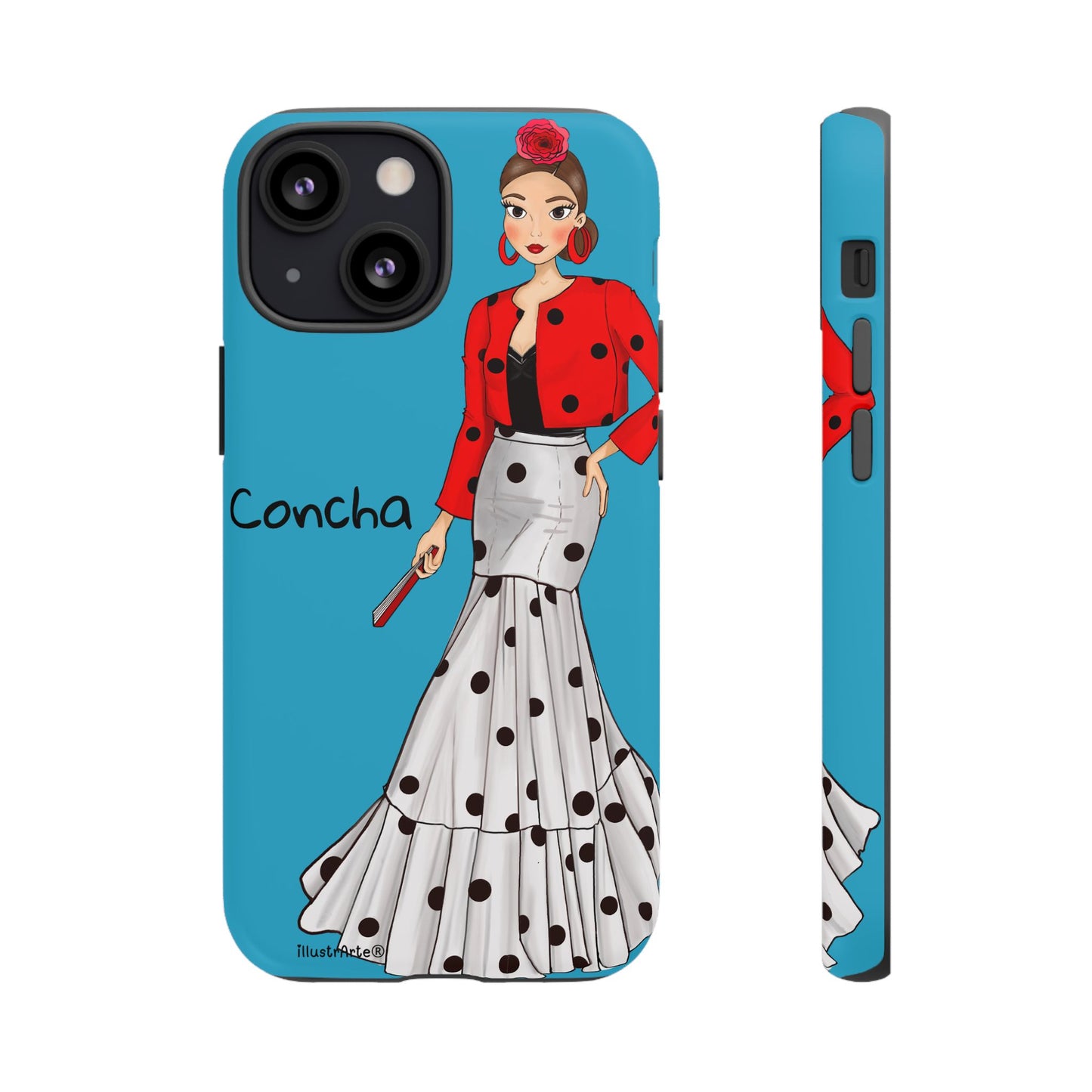 Detalles del diseño de la funda de teléfono personalizable - Modelo Conchita fondo azul para iPhone y Google Pixel.