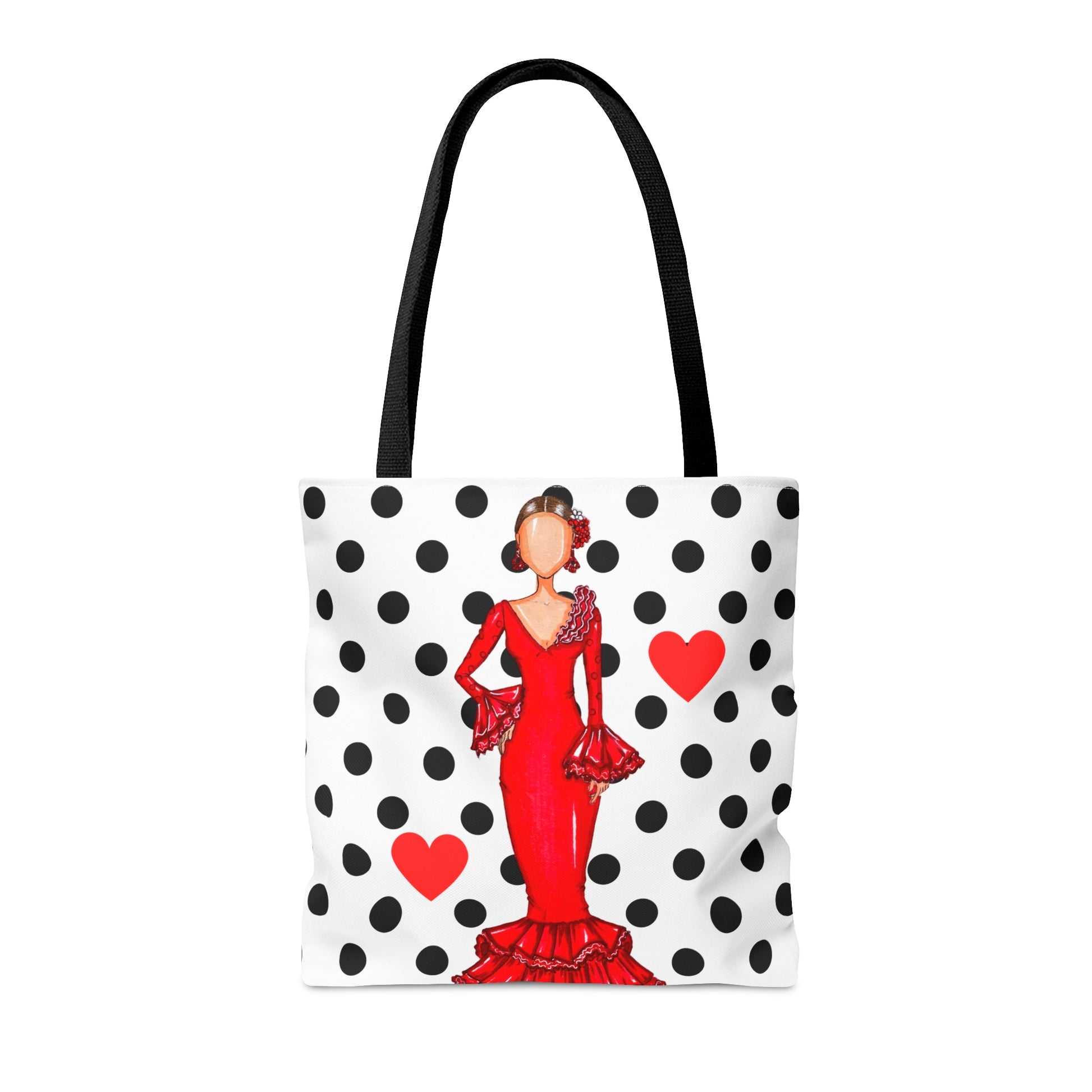 a tote bag with a lady in a red dress