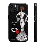 Personalised phone case flamenco dancer María Blanco, with the Virgen del Rocío for iPhone 13, gloss finish – illustrArte