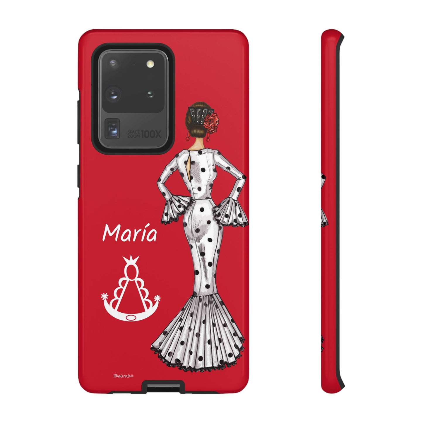 una funda de teléfono con una mujer en un vestido