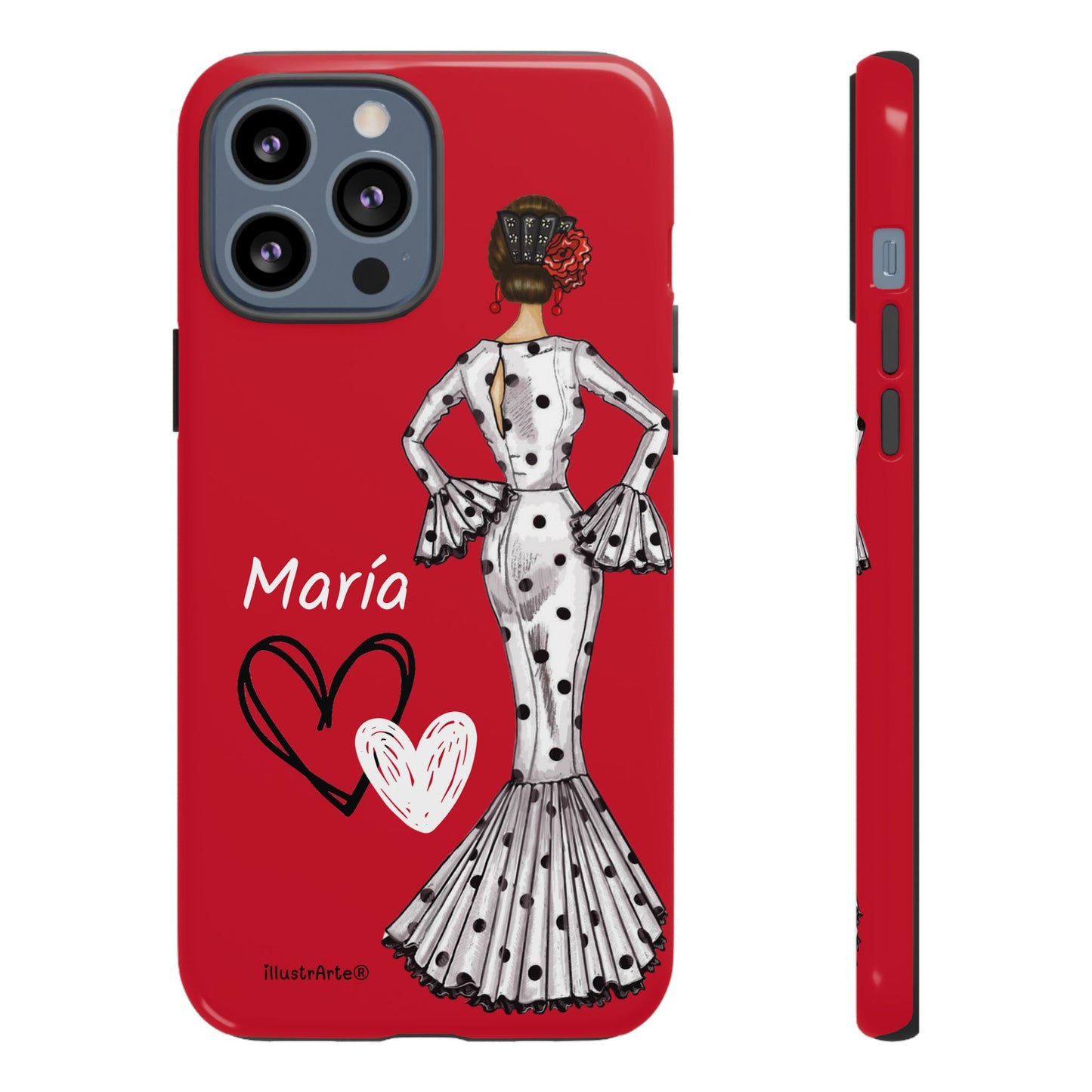 Personalized Maria phone case, white with red hearts background – for iPhone, Samsung, Pixel