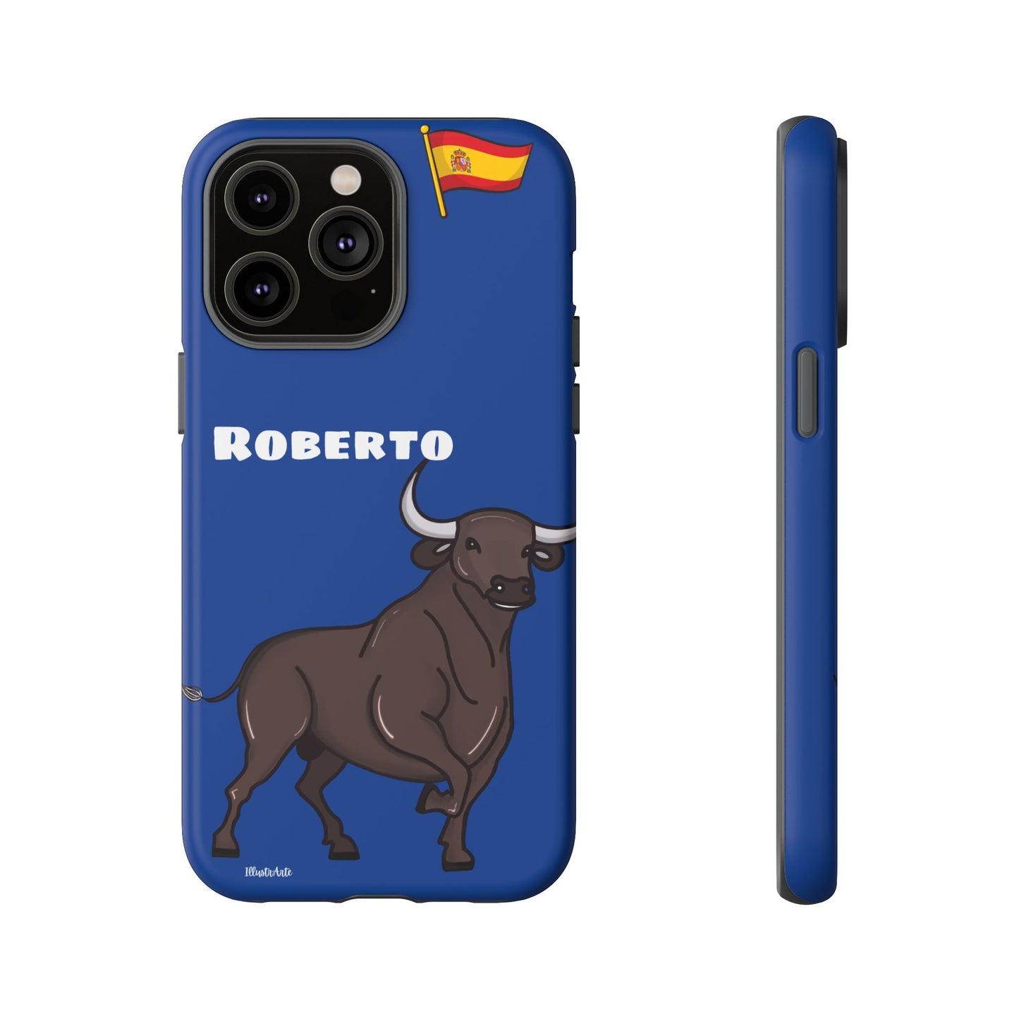 una funda de teléfono azul con un toro en ella