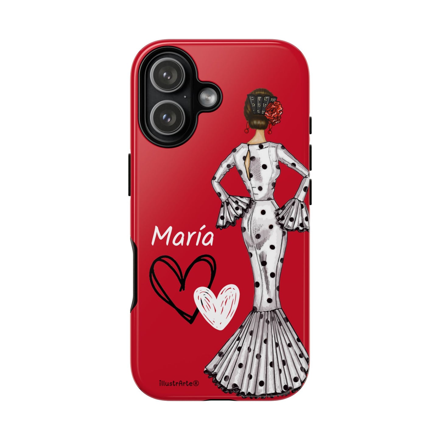 Personalized Maria phone case, white with red hearts background – for iPhone, Samsung, Pixel