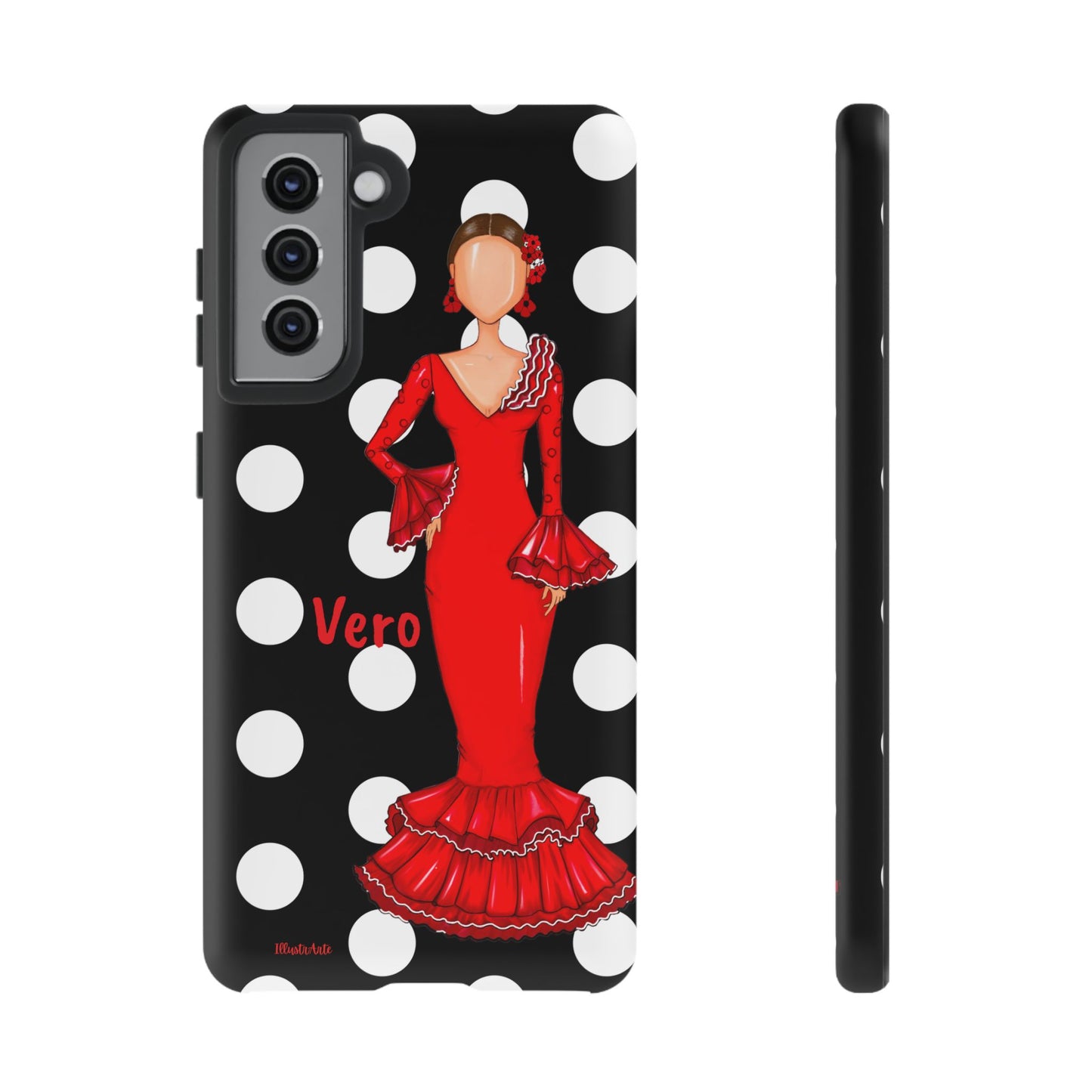 una funda para teléfono con una mujer en un vestido rojo