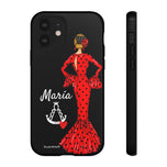 Personalised phone case flamenco dancer María, red dress, with a little Virgin Mary for iPhone 12, gloss finish – illustrArte