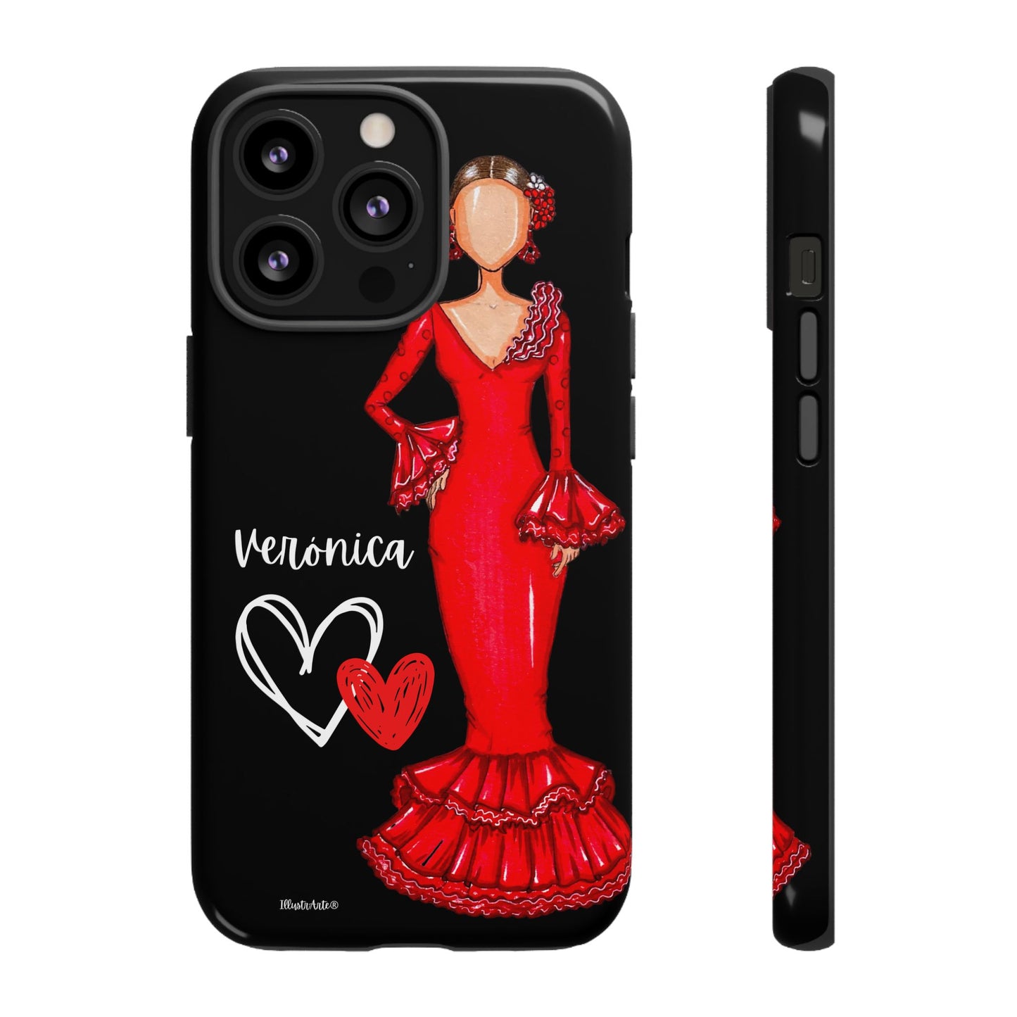 una funda de teléfono con una imagen de una mujer con un vestido rojo