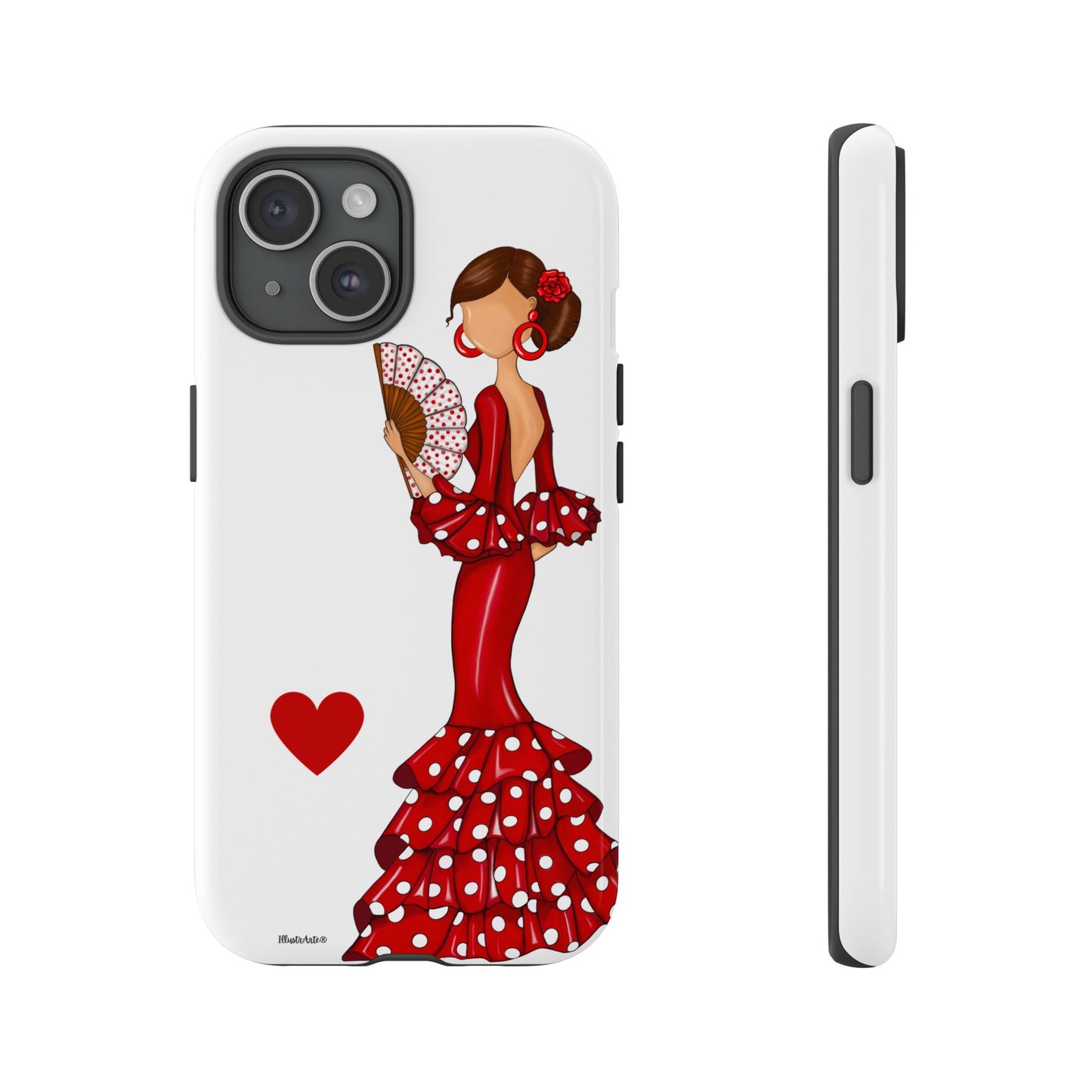 una funda de teléfono con una mujer en un vestido rojo