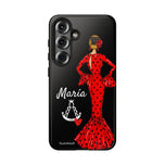 Personalised phone case flamenco dancer María, red dress, with a little Virgin Mary for Samsung Galaxy S25, gloss finish – illustrArte