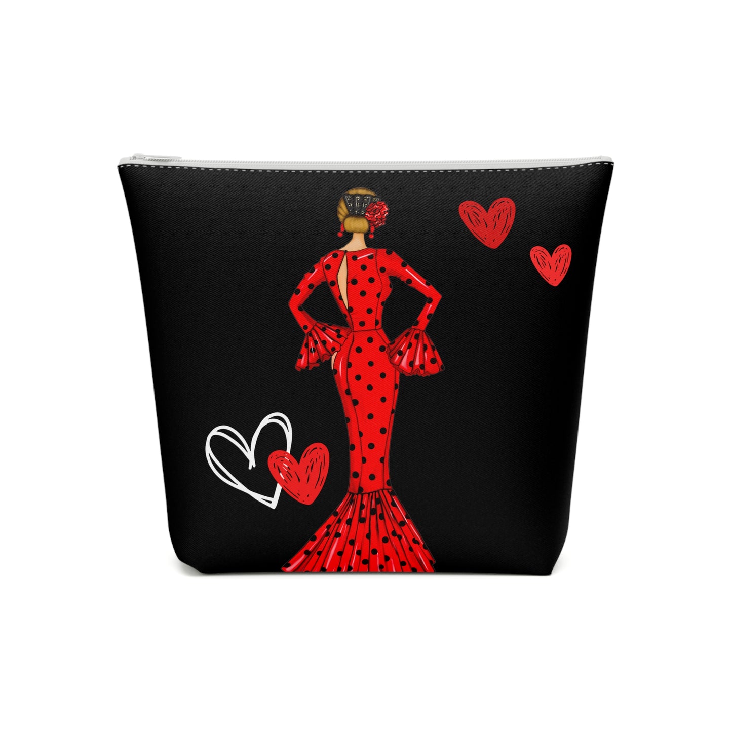 a woman in a red dress with hearts on a black background