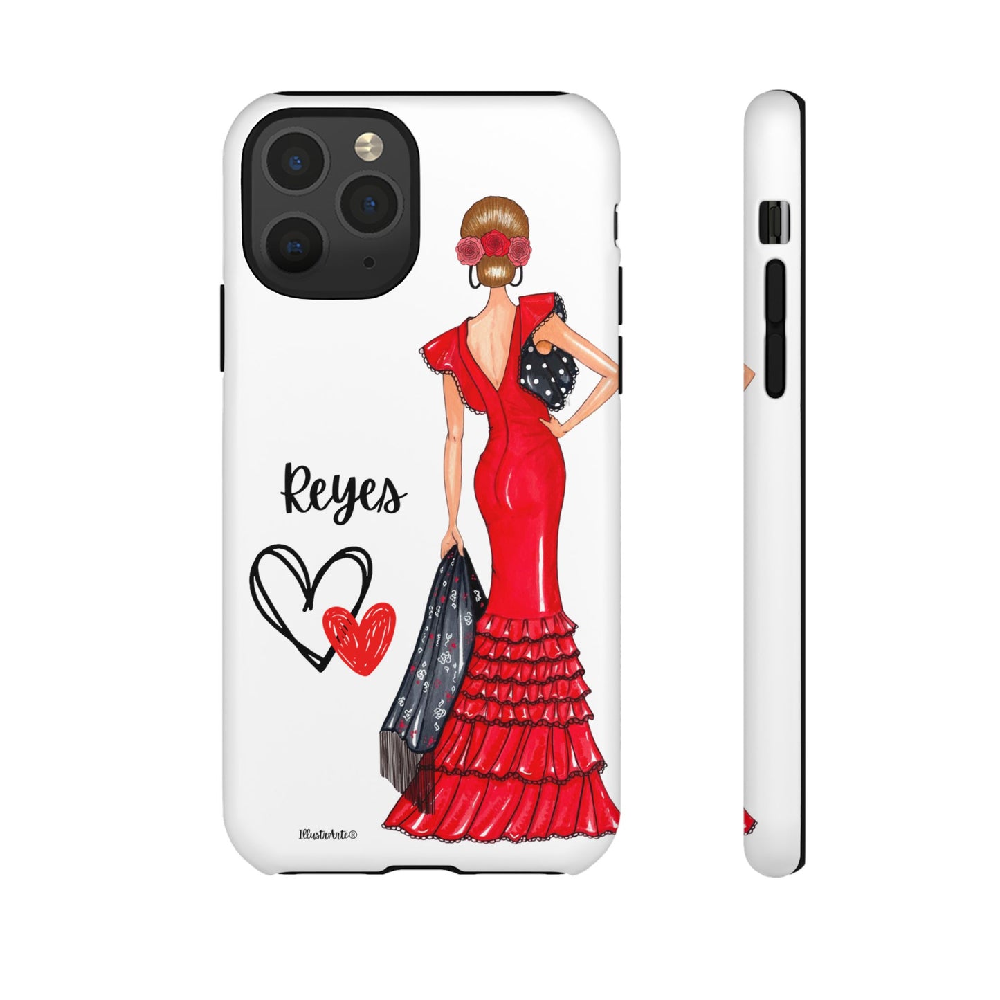 una funda de teléfono con una mujer en un vestido rojo