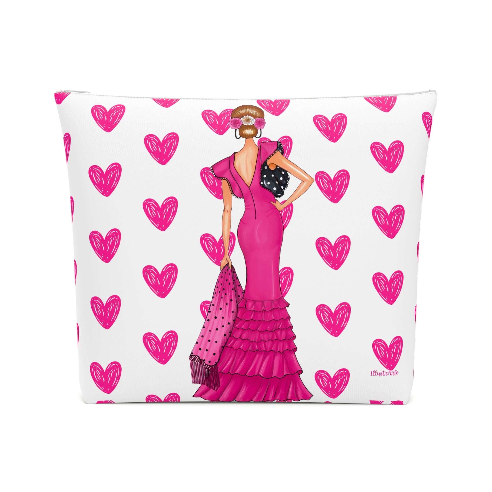 a pillow with a woman in a pink dress on it