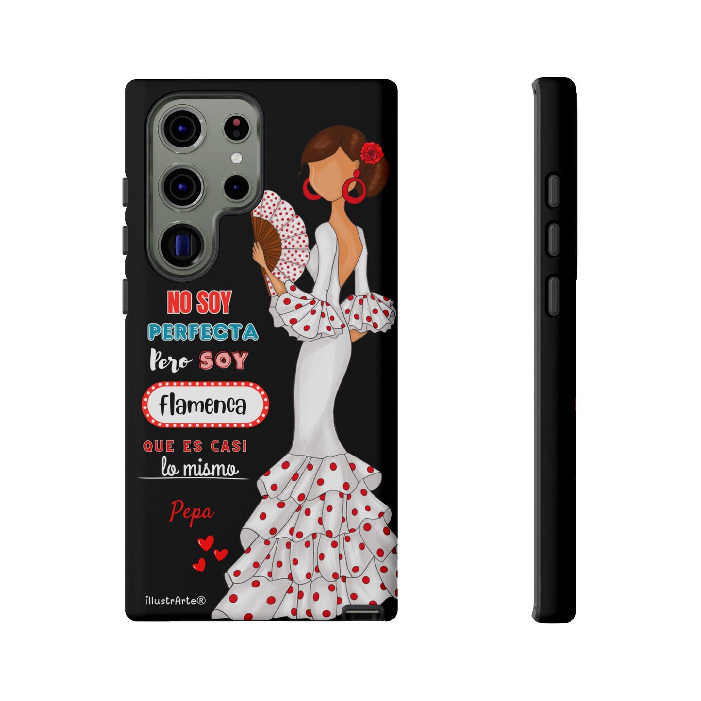 Funda de teléfono personalizable Pepa vestido blanco con frase – para iPhone, Samsung, Pixel