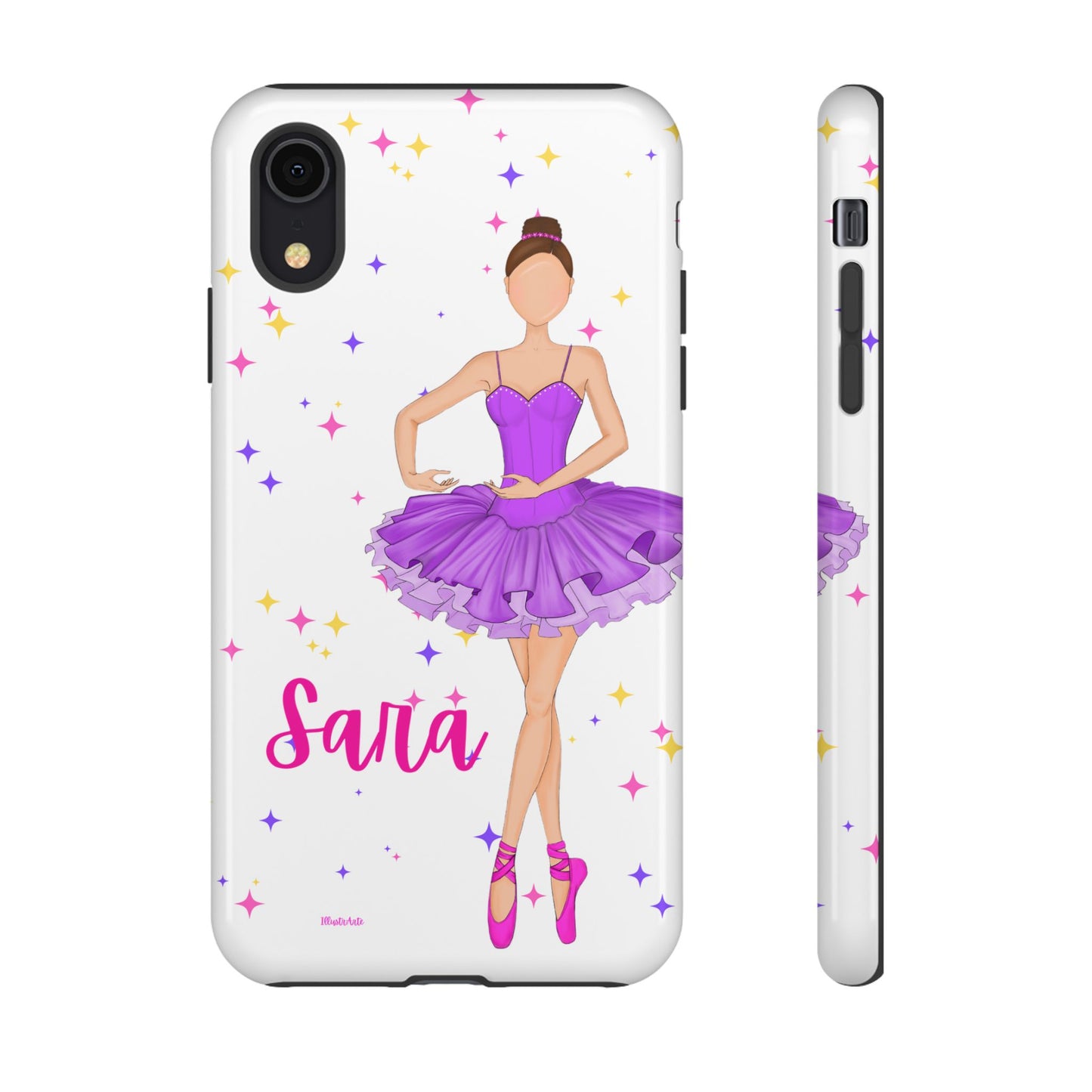 una funda de teléfono con una bailarina en púrpura