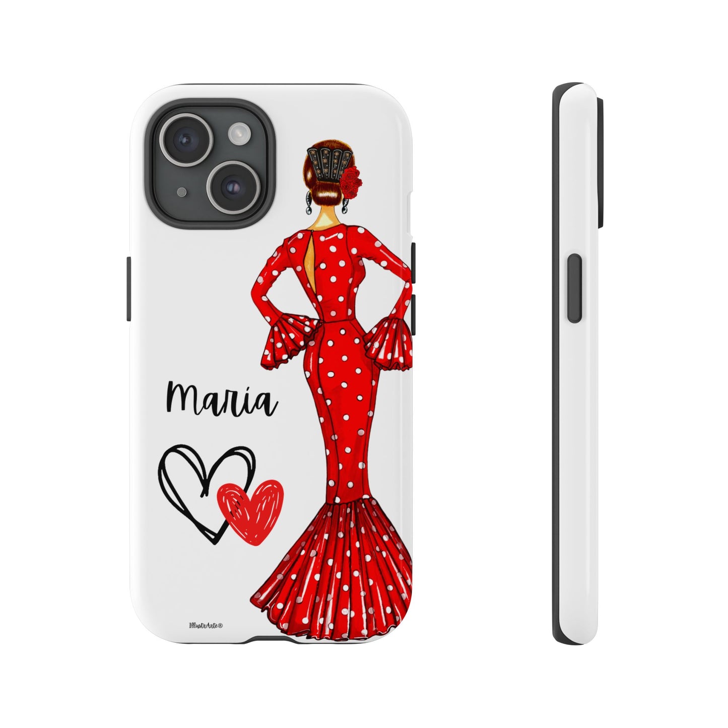 una funda de teléfono con una mujer en un vestido rojo