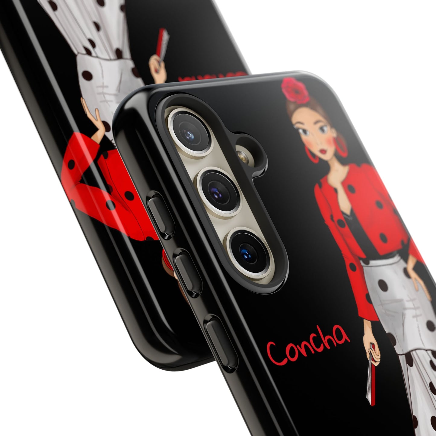Funda de teléfono personalizable con nombre/bandera/Virgen - Modelo Conchita fondo negro. Para iPhone, Samsung Y Google Pixel