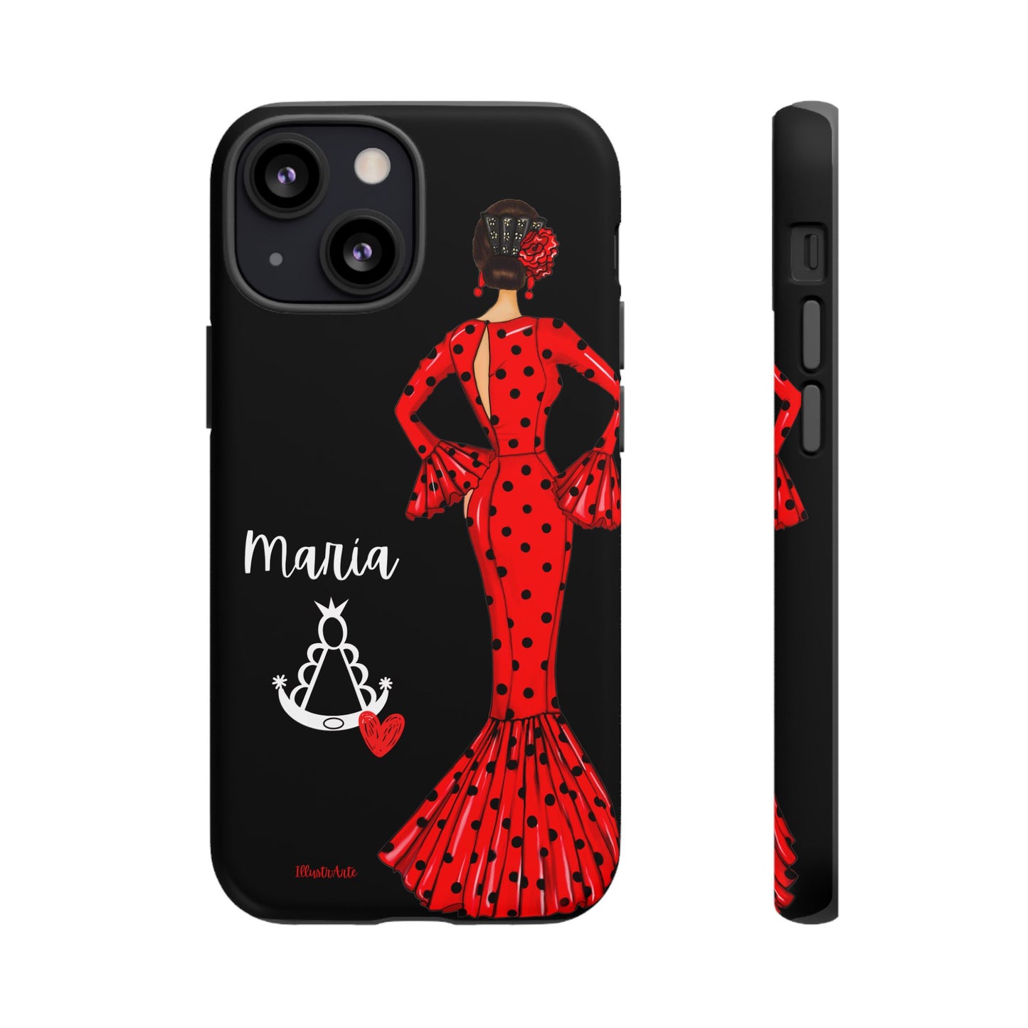 una funda de teléfono con una mujer en un vestido rojo