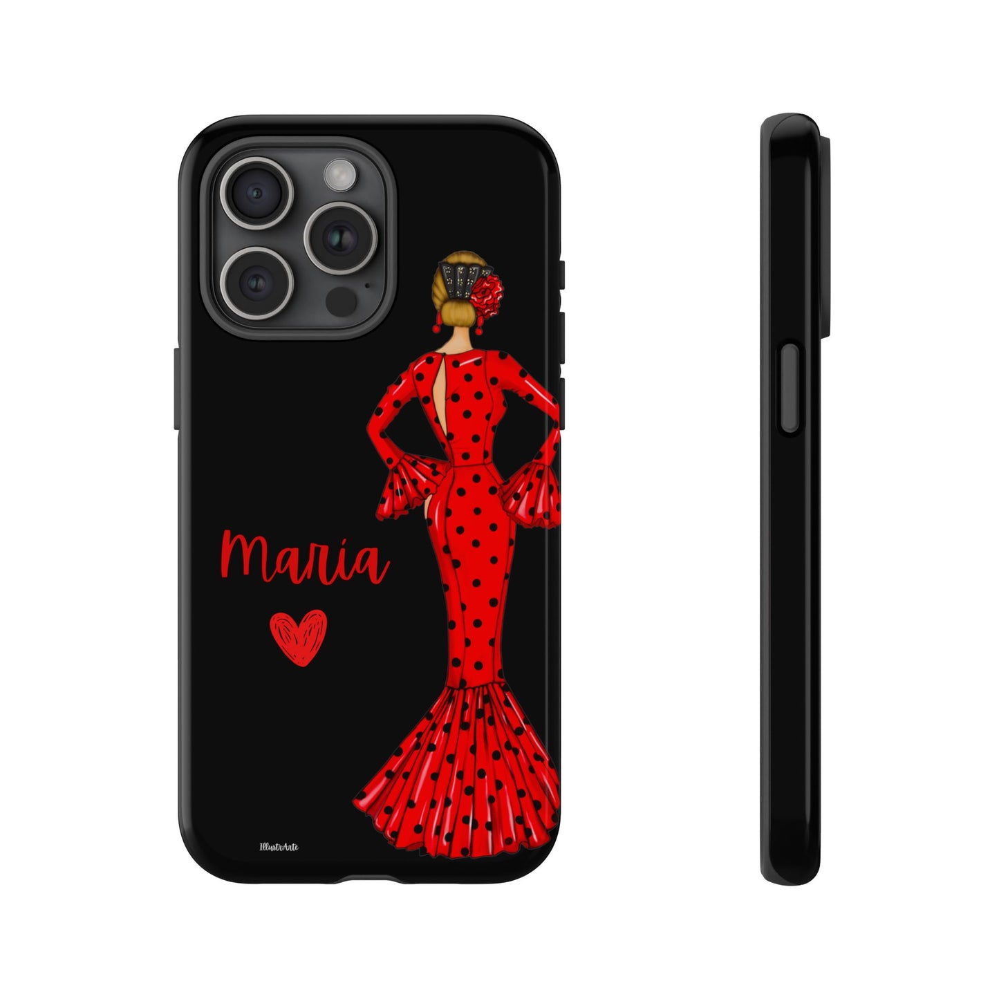 una funda de teléfono con una mujer en un vestido rojo