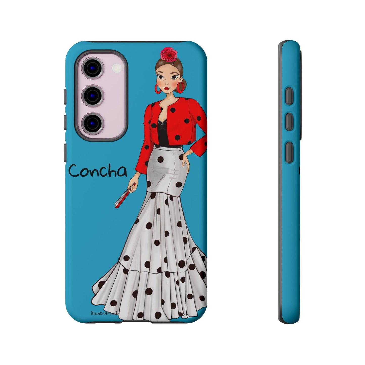 Estilo y diversión en la funda de teléfono personalizable, Modelo Conchita fondo azul.