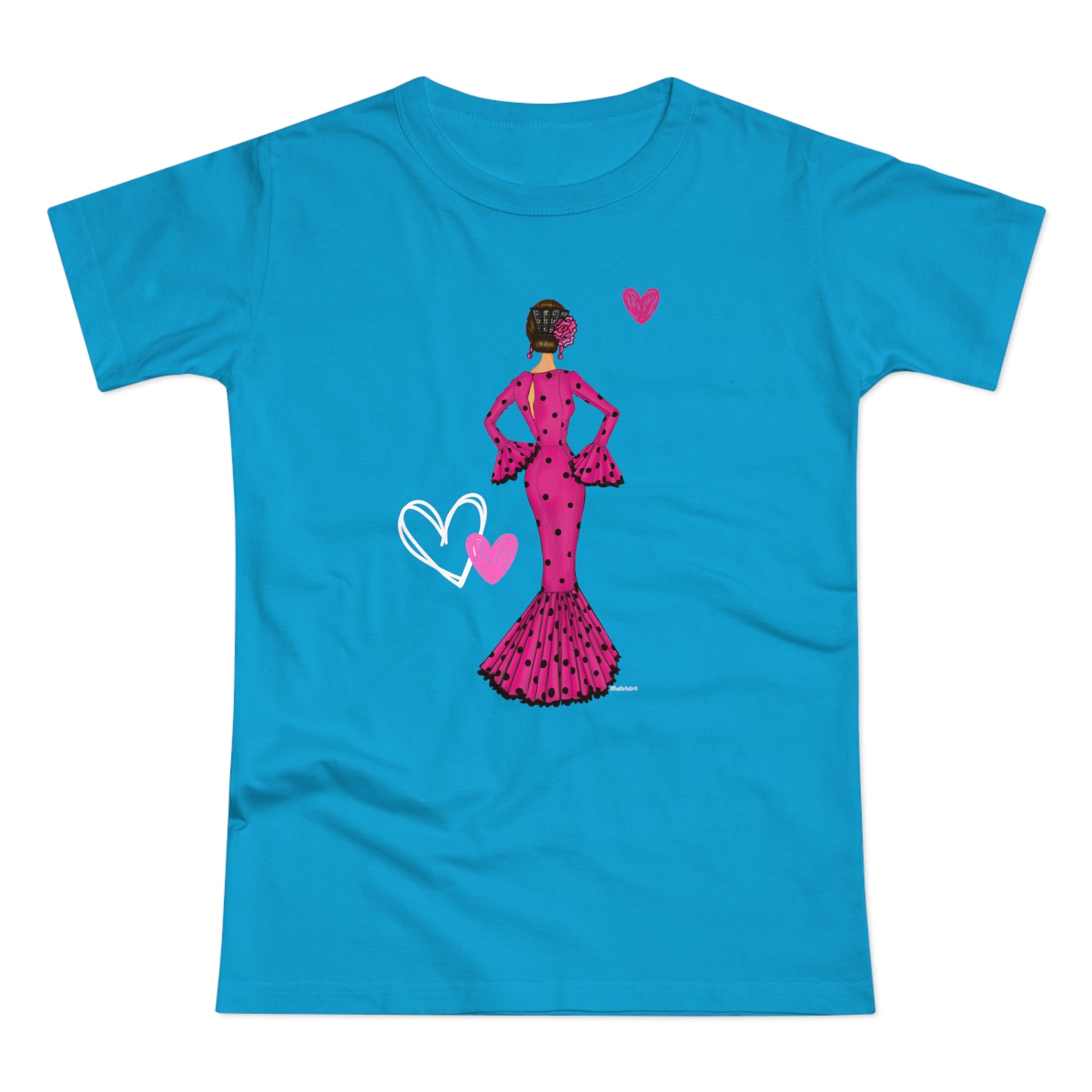 a blue t - shirt with a woman in a pink dress holding a heart