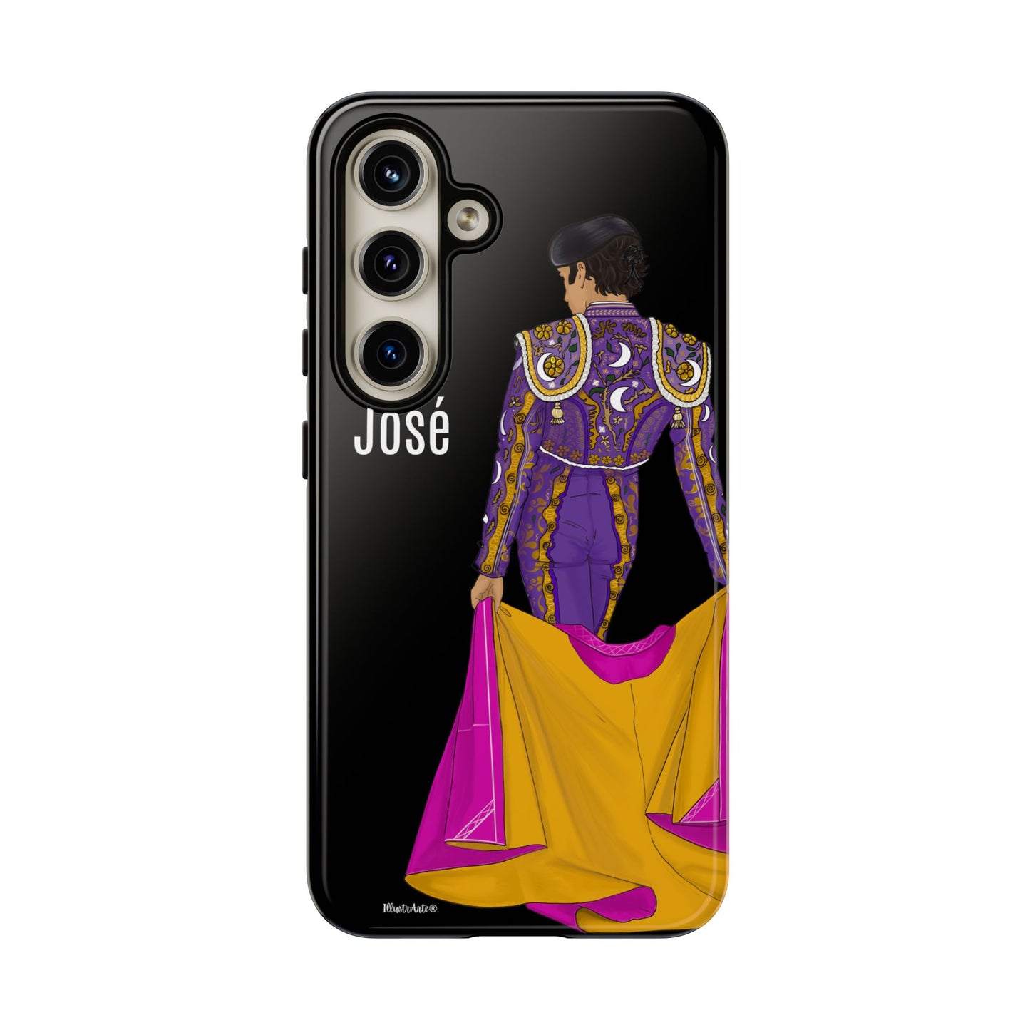 una funda de teléfono con una imagen de una mujer en un traje morado y amarillo