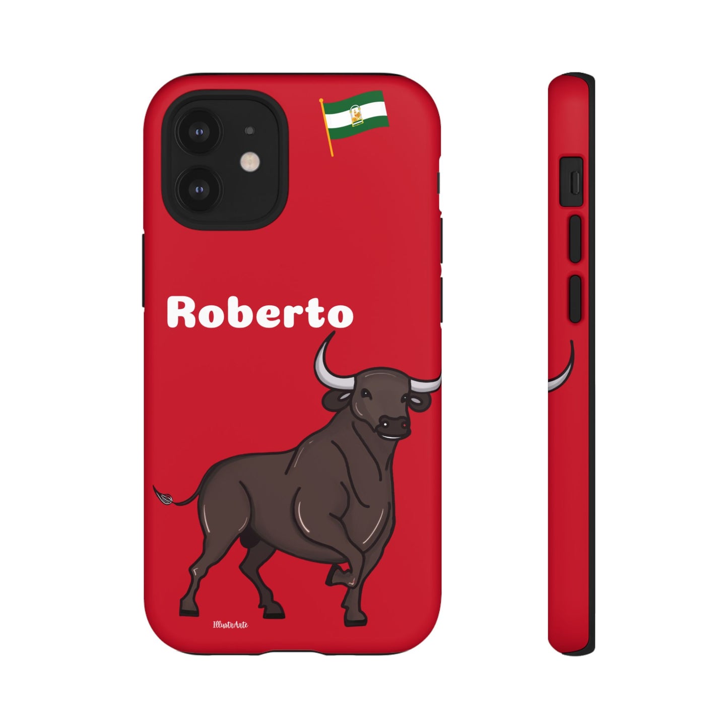 una funda de teléfono roja con un toro en ella